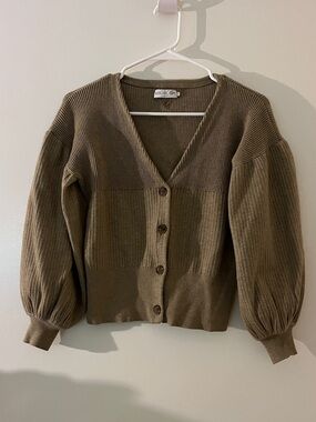 Citizen Olive Green Ribbed V-Neck Button Cardigan with Balloon Sleeves